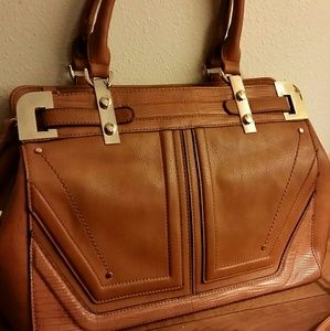 Womens tan faux leather handbag with strap